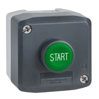 Schneider, Control station, plastic, dark grey lid, 1 green flush push button Ø22, spring return, marked START, 1 NO
