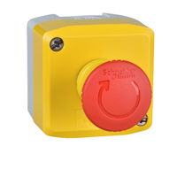 Schneider, Control station, plastic, yellow lid, 1 red mushroom push button Ø40, turn to release, 1 NC