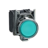 Schneider, Illuminated push button, metal, flush, green, Ø22, spring return, 110...120 V AC, 1 NO + 1 NC