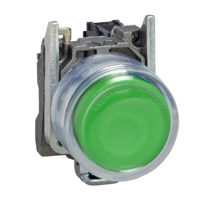 Schneider,  Push button, metal, projecting, green, Ø22, spring return, booted, unmarked, 1 NO
