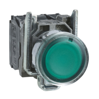 Schneider, green flush complete illum pushbutton Ø22 spring return 1NO+1NC 250V