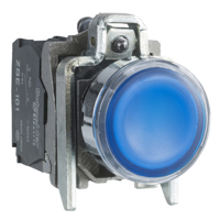 Schneider, Illuminated push button, metal, flush, blue, Ø22, spring return, 230...240 V AC, 1 NO + 1 NC