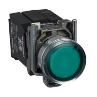 Schneider, green flush complete illum pushbutton Ø22 spring return 1NO+1NC 220...240V