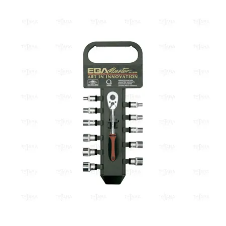 SET OF 12 PCS- HEX. SOCKET WRENCHES AND REVERSIBLE RATCHET HANDLE 1/4" (4-14 MM) 6 EDGES IN PLASTIC HANGER - EGA Master