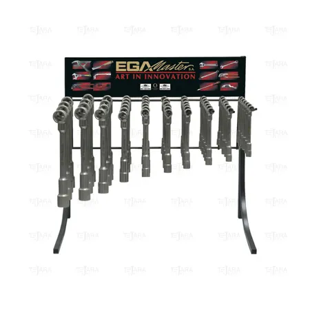 DISPLAY OF 54 ANGLED OPEN WRENCHES 12 X 6 (8-21 MM) MIRROR POLISHED CHROME PLATING - EGA Master