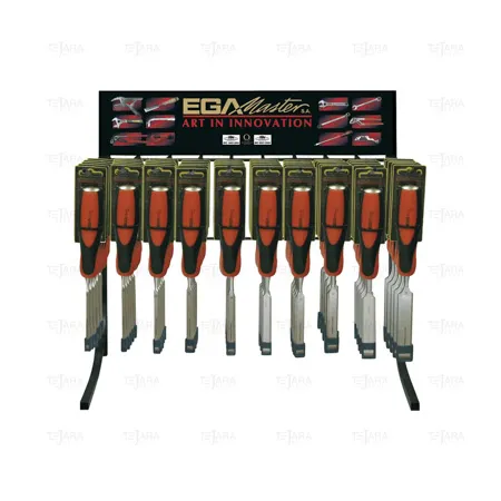 DISPLYA OF 60 FIRMER CHISELS WITH ORANGE-BLACK PLASTIC HANDLE - EGA Master