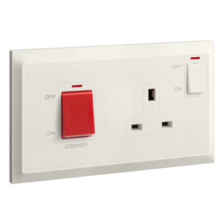Belanko S 2 gang double pole switch - 45A + BS switched socket outlet neon with cooker marking - 13A - Ivory | 617878 | 3414971971271 | LEGRAND