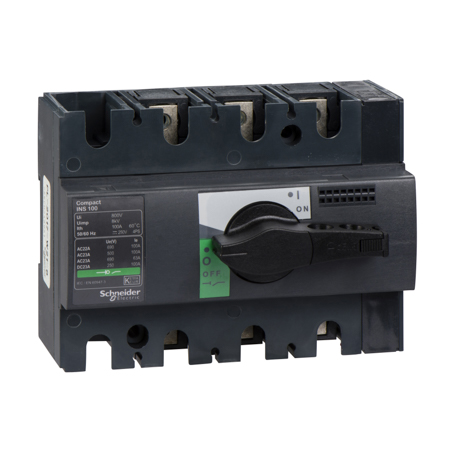 Schneider,  switch disconnector, Compact INS100 , 100 A, standard version with black rotary handle, 3 poles