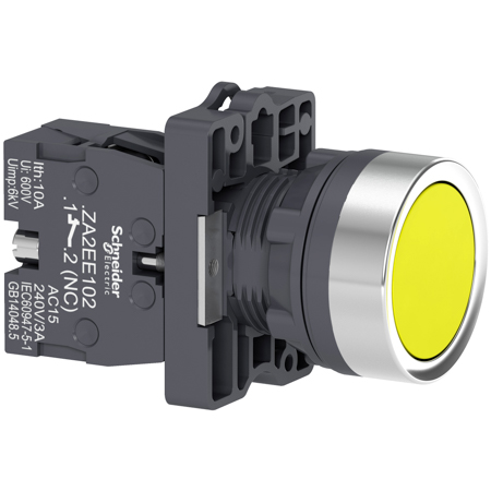 Schneider,  round yellow push-button Ø 22 - flush spring return - 1NO