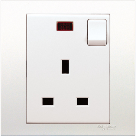 Schneider,  13A 250V 1 Gang Switched Socket with Neon