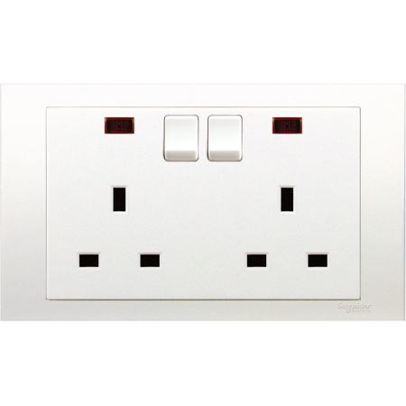 Schneider,  13A 250V Twin Gang Switched Socket with Neon
